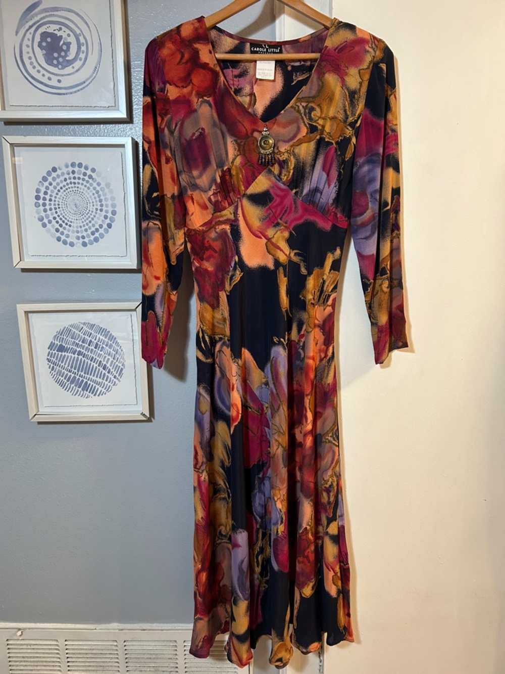 Vintage Carole Little Midi Dress Multi Floral Chiffon Gypsy Boho Hippie Size 8